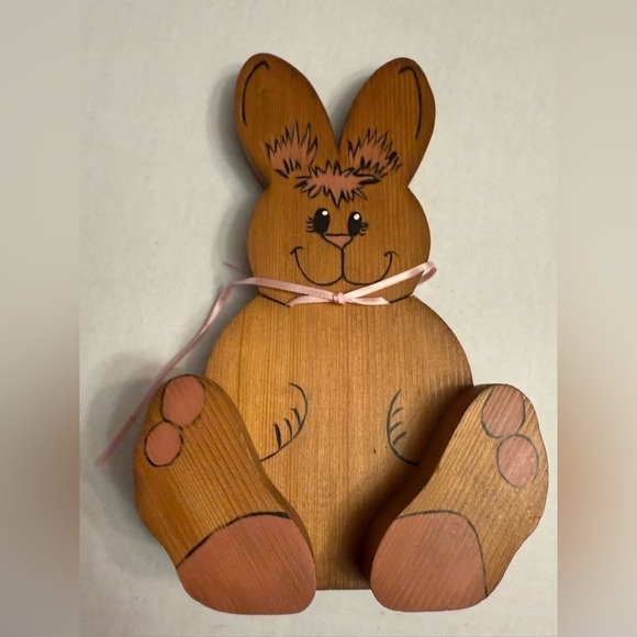 VINTAGE 1989 BUNNY Other - VINTAGE 1989 HANDMADE Wooden Bunny Decor with Pink Accents 9.5